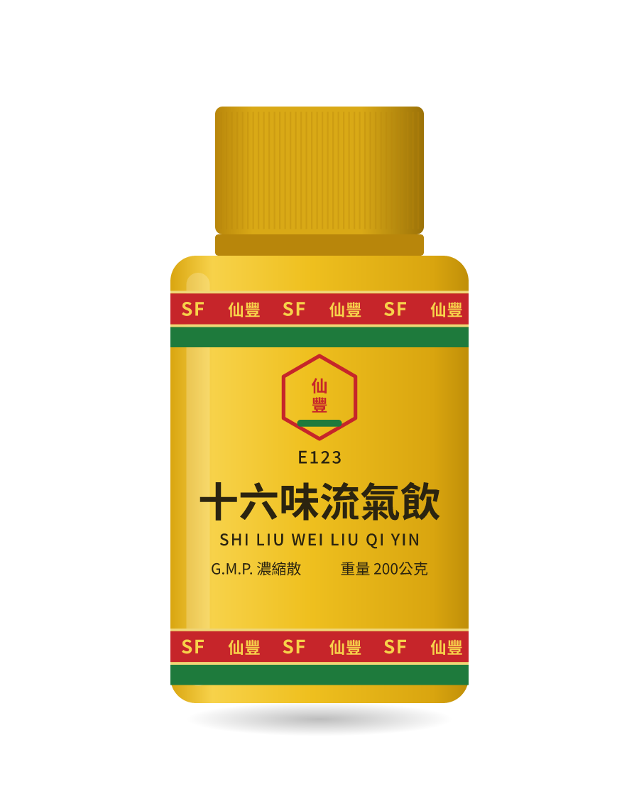 Illustration of a 200g bottle of 十六味流氣飲 (Shi Liu Wei Liu Qi Yin)