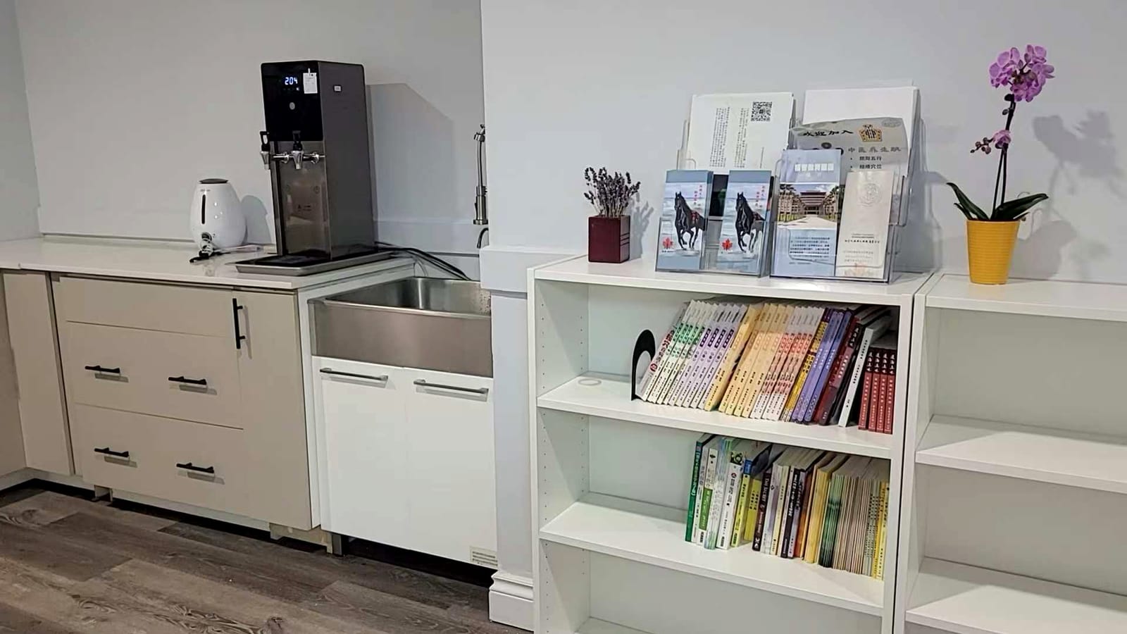 The treatment room dispensary, shelves lined with herbal granule bottles and reference books.